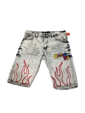 Switch Remarkable Dream Big Flame Rhinestone Acid Wash Baggy Jorts